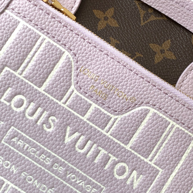 LV 25S NEVERFULL BANDOULIÈRE INSIDE OUT BB 31 IN LIGHT PURPLE AND BROWN CALFSKIN