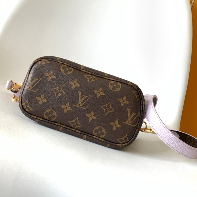 LV 25S NEVERFULL BANDOULIÈRE INSIDE OUT BB 24 IN LIGHT PURPLE AND BROWN CALFSKIN
