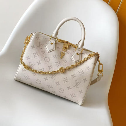 LV 26S SPEEDY BANDOULIERE 25 IN WHITE MONOGRAM CALFSKIN GOLD HARDWARE