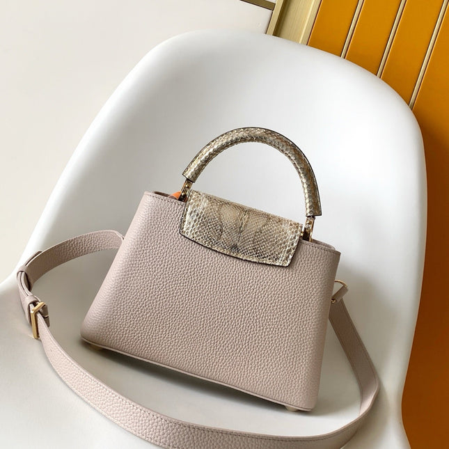 LV 26S CAPUCINES BAG 27 IN GRAYISH BEIGE TAURILLON CALFSKIN WITH GOLD HARDWARE