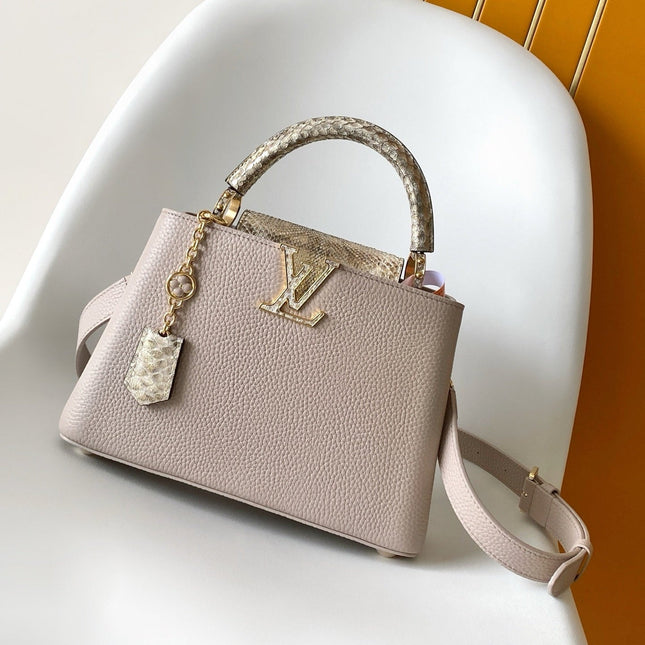 LV 26S CAPUCINES BAG 27 IN GRAYISH BEIGE TAURILLON CALFSKIN WITH GOLD HARDWARE
