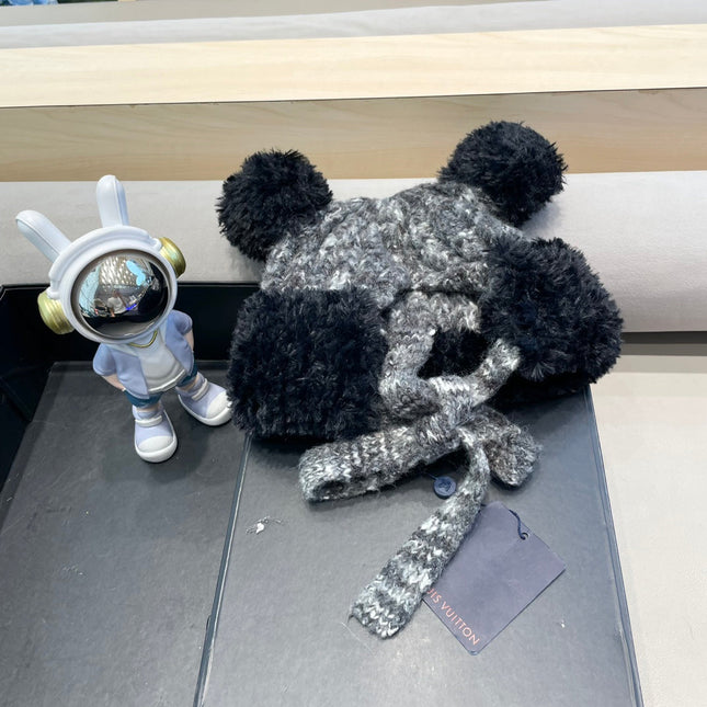 KNITTED BEANIE HAT IN BLACK MIX GRAY WOOL WITH CUTE BEAR EARS 422498