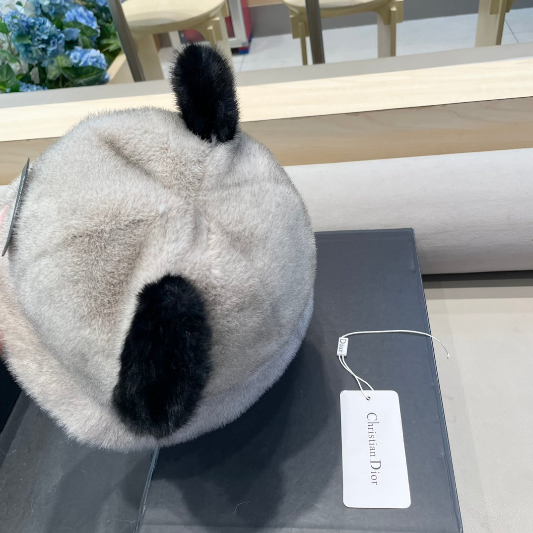 BUCKET HAT WITH CUTE BEAR EARS IN RHINO GRAY RABBIT FUR 434967