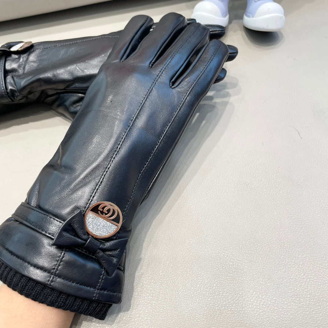 GLOVES ATTACHED BOW IN BLACK LAMBSKIN AND WOOL 429202