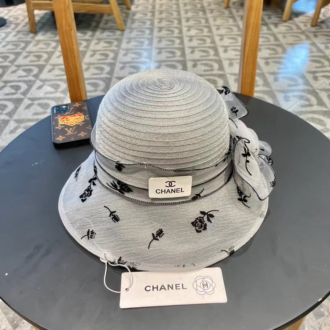 STRAW HAT WITH CHIFFON FLOWER VINTAGE GRAY 672759