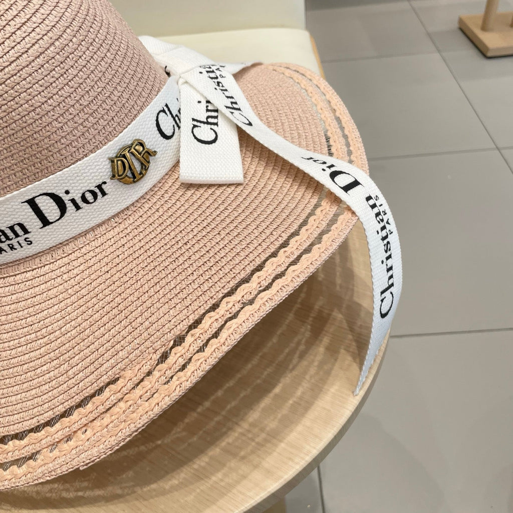 HAT IN LIGHT PINK BEIGE RAFFIA WIDE-BRIM MIX BIG WHITE BOW