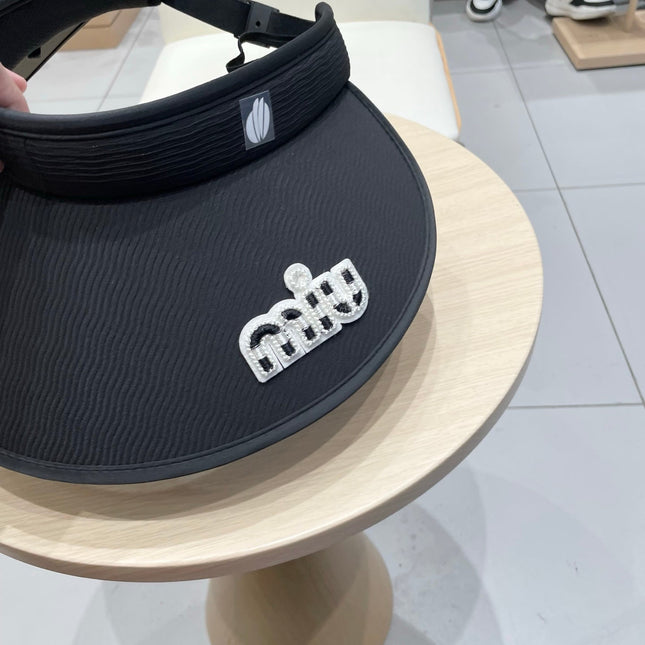 MIUMIU FASHION VISOR CAP IN BLACK AND WHITE WITH LOGO TEXT EMBROIDERY