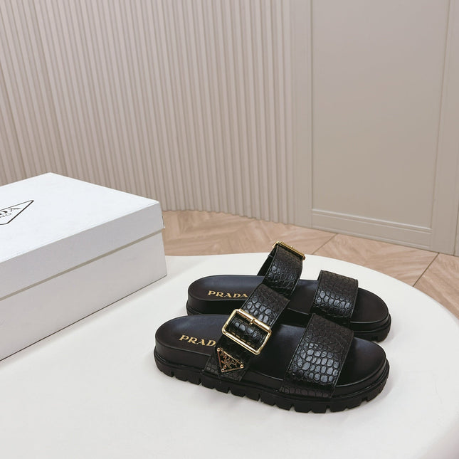 PRA CROCODILE MOTIF SLIDES SANDALS BLACK CALFSKIN