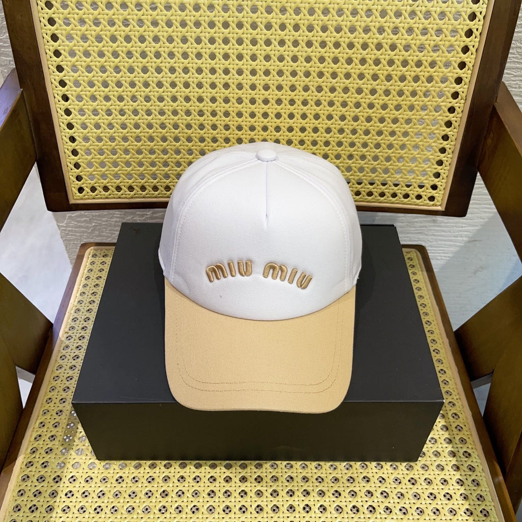 MIUMIU BASEBALL CAP IN WHITE MIX BEIGE FABRIC WITH LOGO EMBROIDERY
