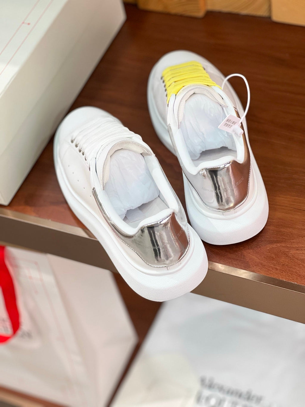 OVERSIZED SNEAKERS IN WHITE CALFSKIN SILVER HEEL TWO-TONE LACES