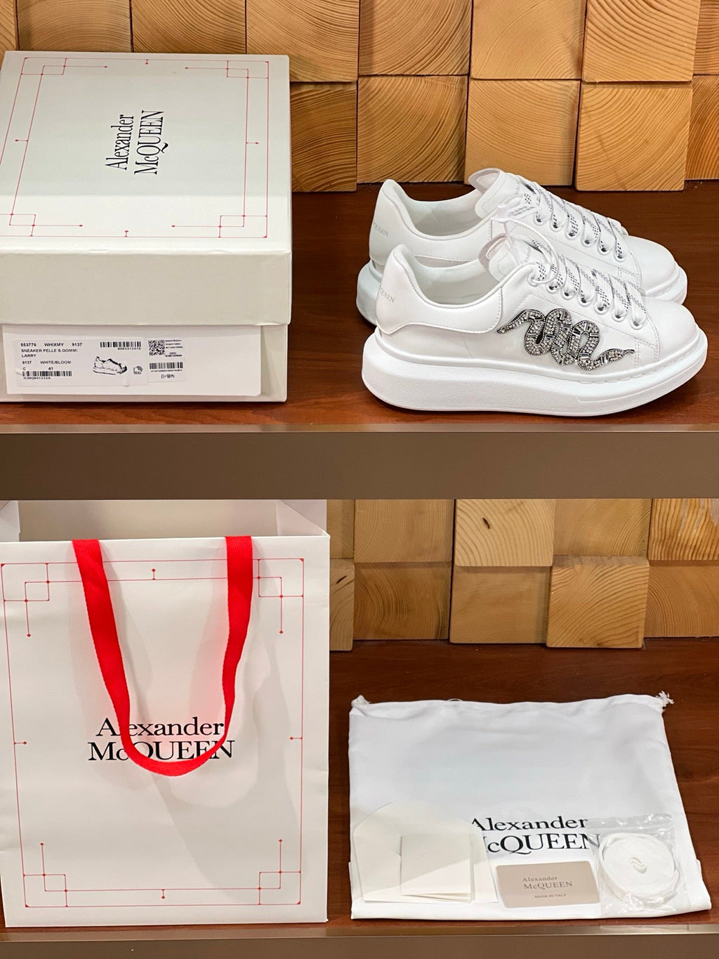 OVERSIZED SNEAKERS IN WHITE CALFSKIN EMBROIDERED SILVER CRYSTAL SNAKE