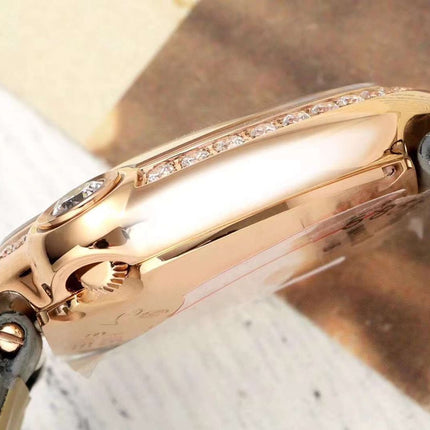 BALLON BLANC DE CARTIER WATCH GOLD CASE AND WARM GRAY CALFSKIN WITH CRYSTALS