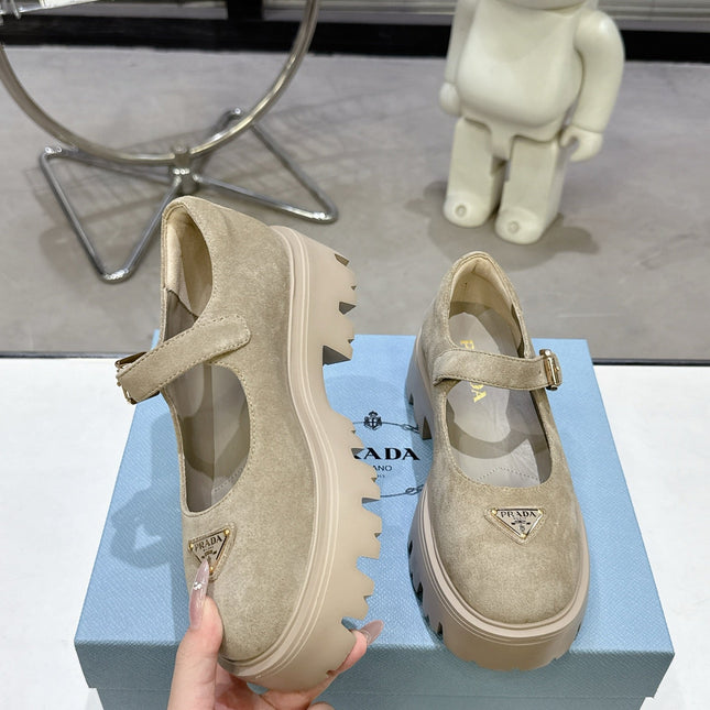 PRADA 25S PLATFORM MARY JANE SHOES IN BEIGE SUEDE STYLE 4