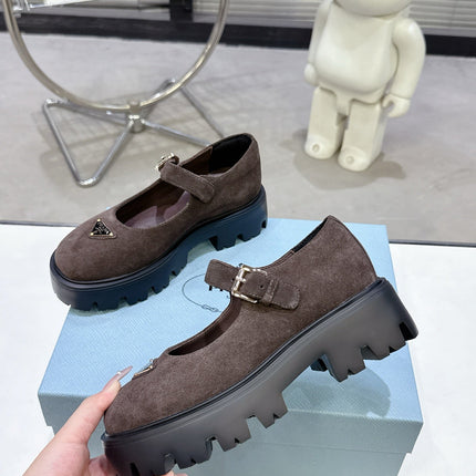 PRADA 25S PLATFORM MARY JANE SHOES IN DARK BROWN SUEDE STYLE 3