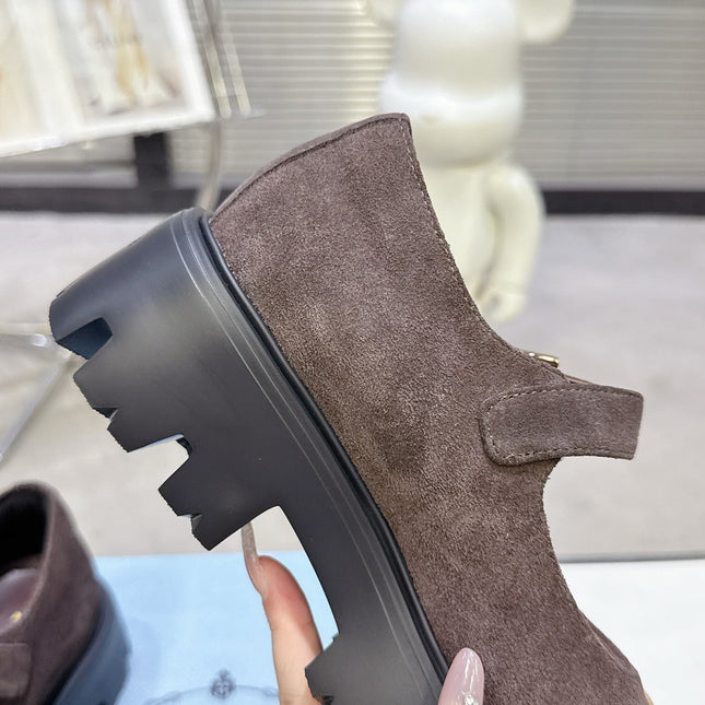 PRADA 25S PLATFORM MARY JANE SHOES IN DARK BROWN SUEDE STYLE 3