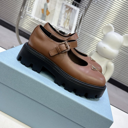 PRADA 25S PLATFORM MARY JANE SHOES IN BROWN CALFSKIN STYLE 1