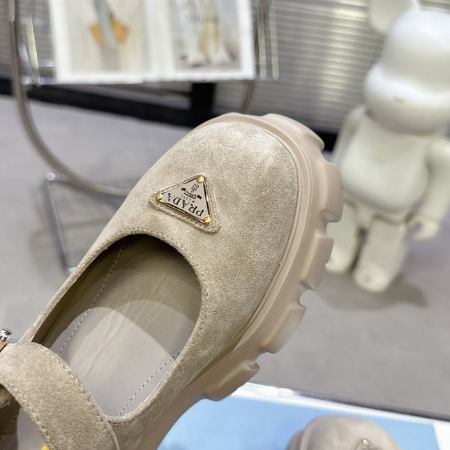 PRADA 25S PLATFORM MARY JANE SHOES IN BEIGE SUEDE