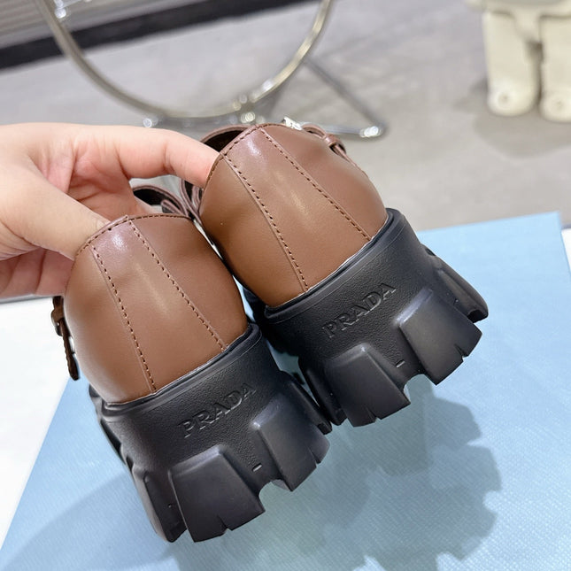PRADA 25S PLATFORM MARY JANE SHOES IN BROWN CALFSKIN