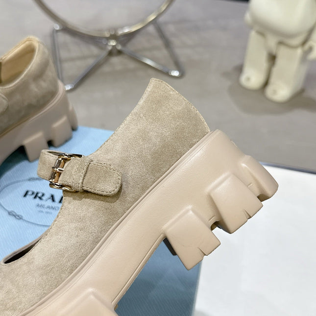 PRADA 25S PLATFORM MARY JANE SHOES IN BEIGE SUEDE