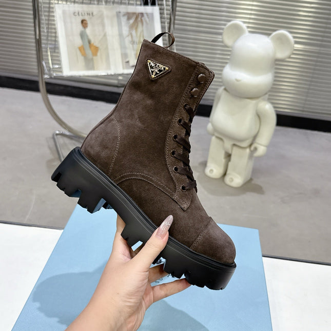 PRADA 25S WARRIOR BOOTS IN DARK BROWN SUEDE