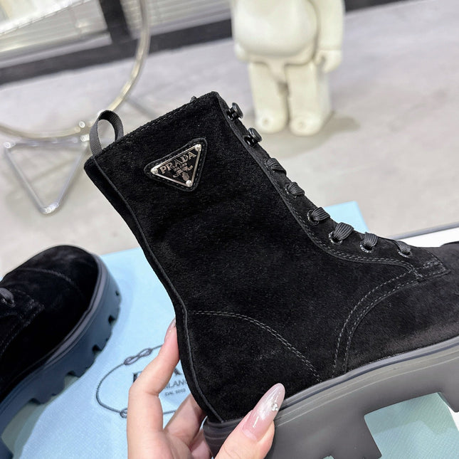 PRADA 25S WARRIOR BOOTS IN BLACK SUEDE