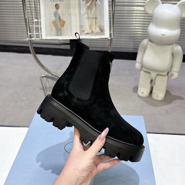 PRADA 25S RETRO PLATFORM MARTIN ANKLE BOOTS IN BLACK SUEDE