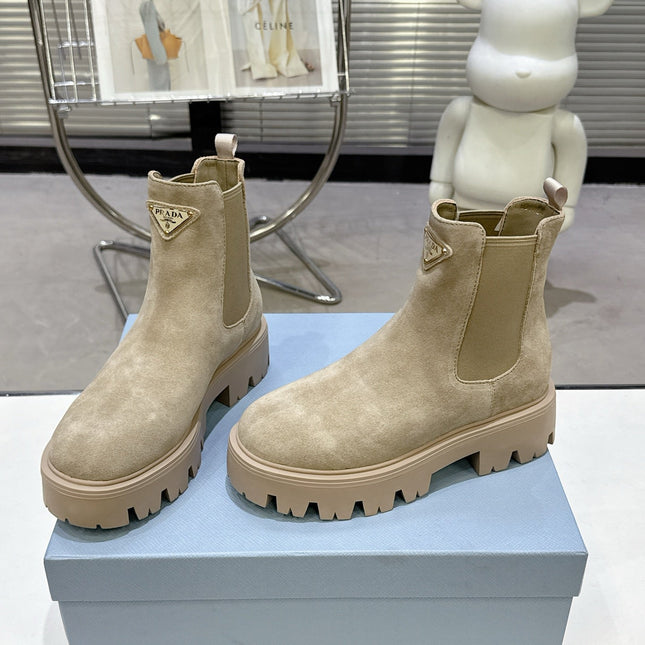 PRADA 25S RETRO PLATFORM MARTIN ANKLE BOOTS IN BEIGE SUEDE
