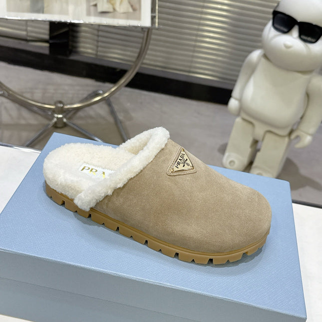 PRADA 25S FUR-LINED SABOT MULES IN BEIGE SUEDE