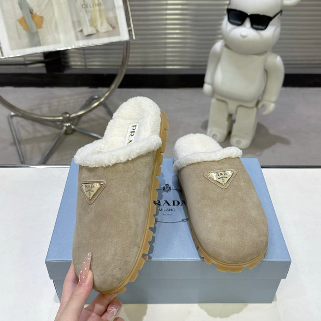 PRADA 25S FUR-LINED SABOT MULES IN BEIGE SUEDE