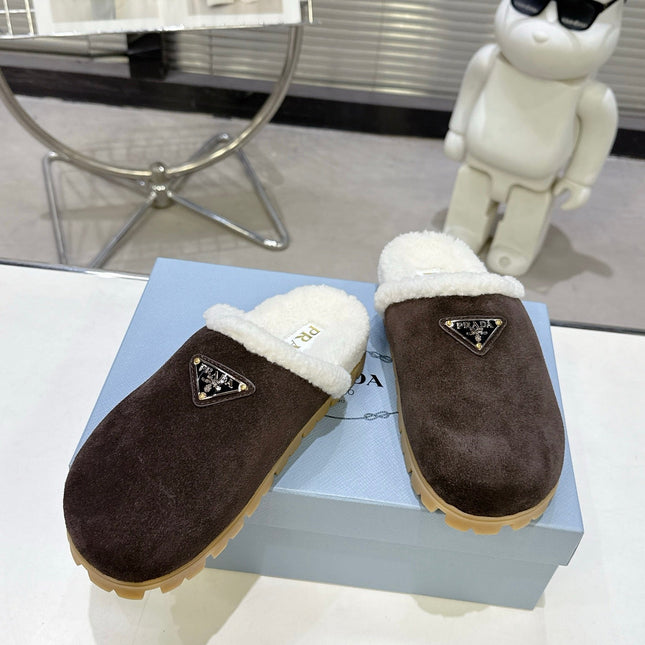 PRADA 25S FUR-LINED MULES IN DARK BROWN SUEDE