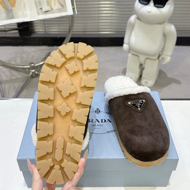 PRADA 25S FUR-LINED MULES IN DARK BROWN SUEDE