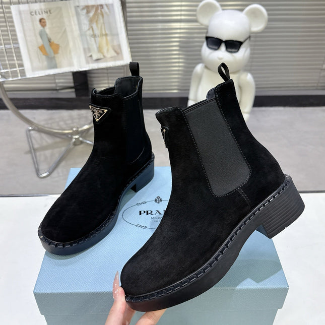 PRADA 25S RETRO PLATFORM MARTIN BOOTS IN BLACK SUEDE