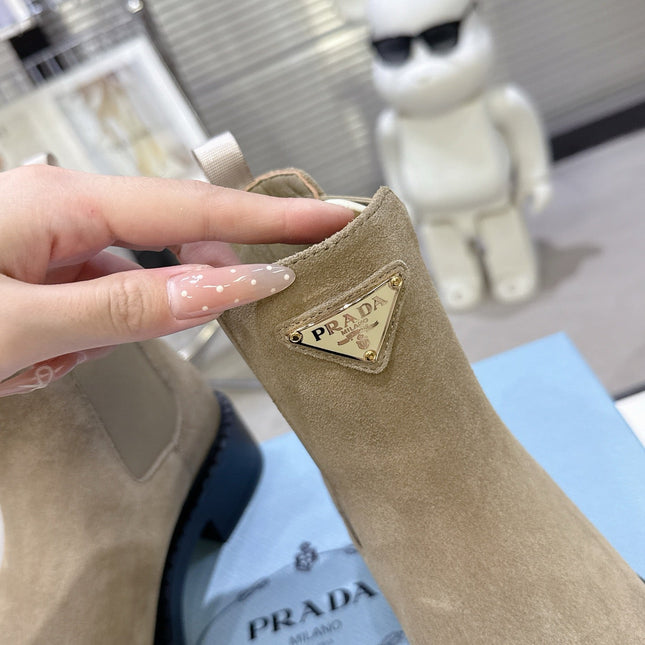 PRADA 25S RETRO PLATFORM MARTIN BOOTS IN BEIGE SUEDE