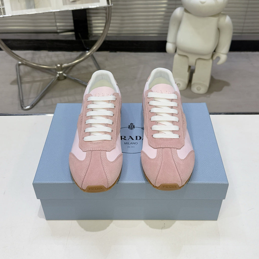 PRADA 26S LACE UP SNEAKERS IN PINK NYLON AND SUEDE