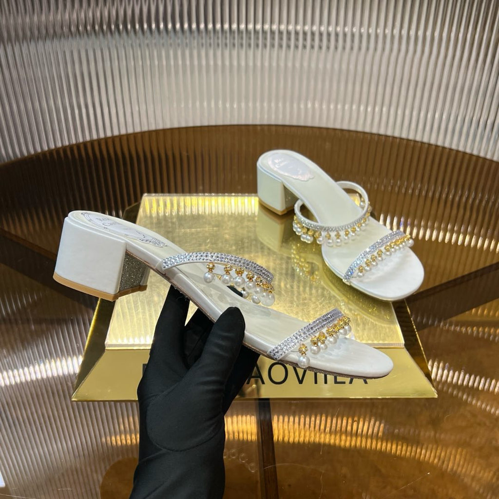 HIGH 45 MM BLOCK HEEL SANDAL IN WHITE GRAINY PEARLIZED LAMBSKIN