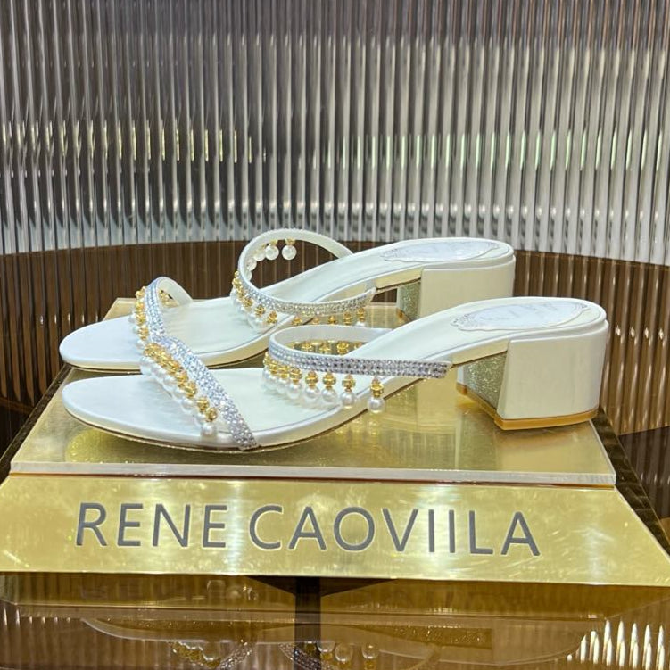 HIGH 45 MM BLOCK HEEL SANDAL IN WHITE GRAINY PEARLIZED LAMBSKIN