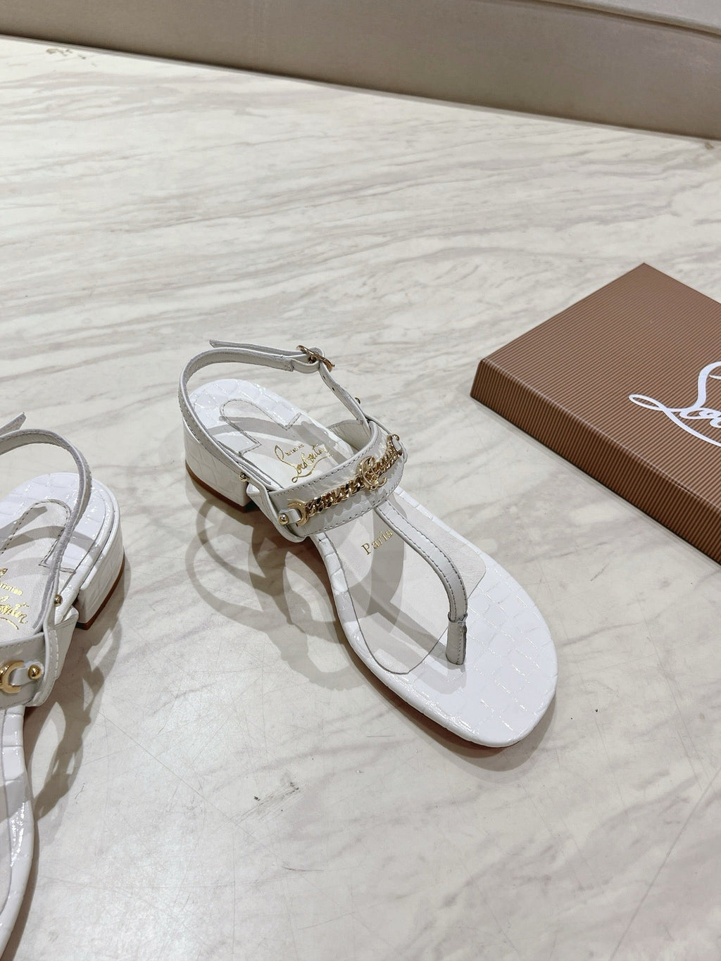 THONG SANDALS SLINGBACK 25MM IN SNAKE-EFFECT WHITE CALFSKIN