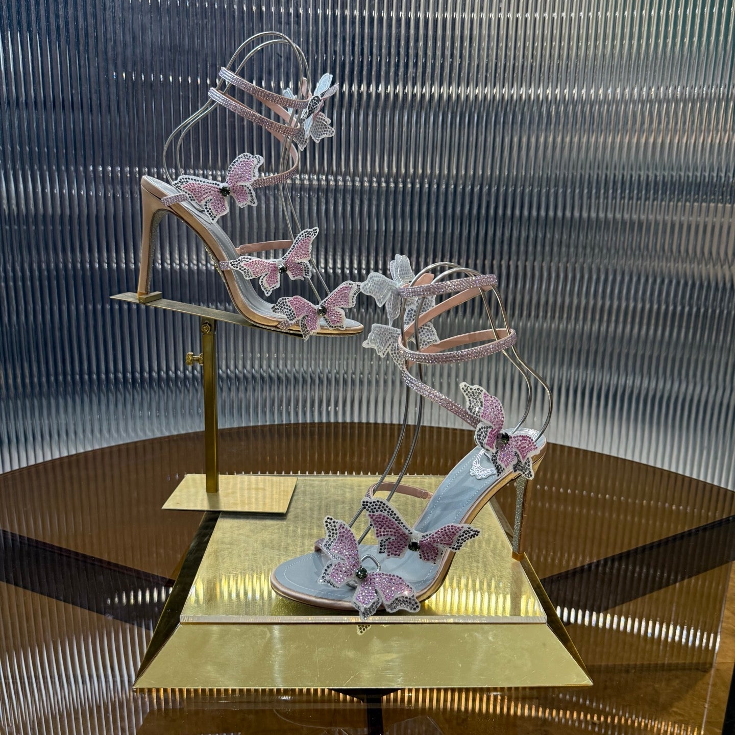 RENE CAOVILLA 26S FLORIANE HIGH HEELS 95 MM IN NUDE PINK LAMBSKIN BUTTERFLY EMBELLISHED STRAP