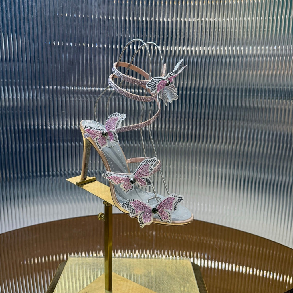 RENE CAOVILLA 26S FLORIANE HIGH HEELS 95 MM IN NUDE PINK LAMBSKIN BUTTERFLY EMBELLISHED STRAP