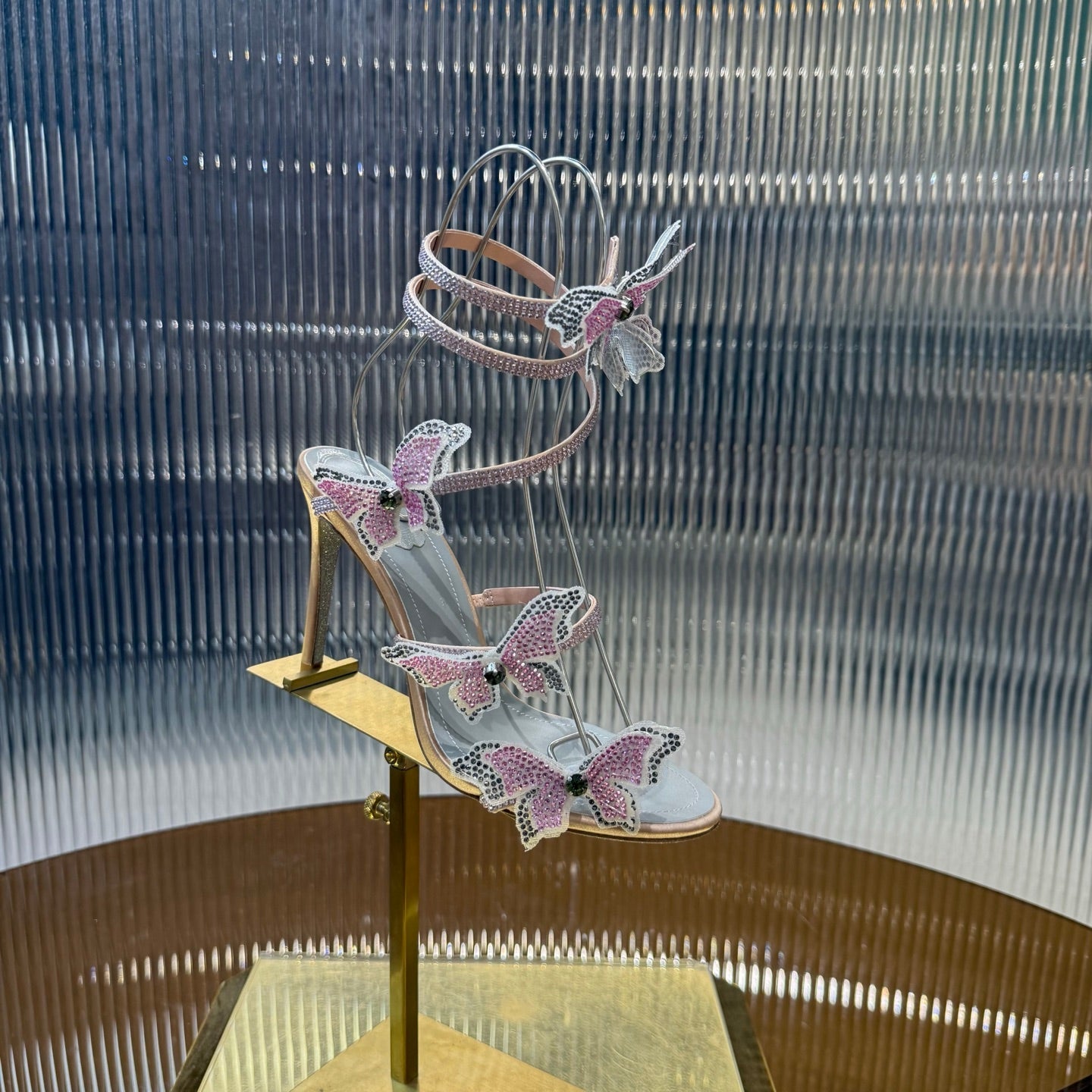 RENE CAOVILLA 26S FLORIANE HIGH HEELS 95 MM IN NUDE PINK LAMBSKIN BUTTERFLY EMBELLISHED STRAP