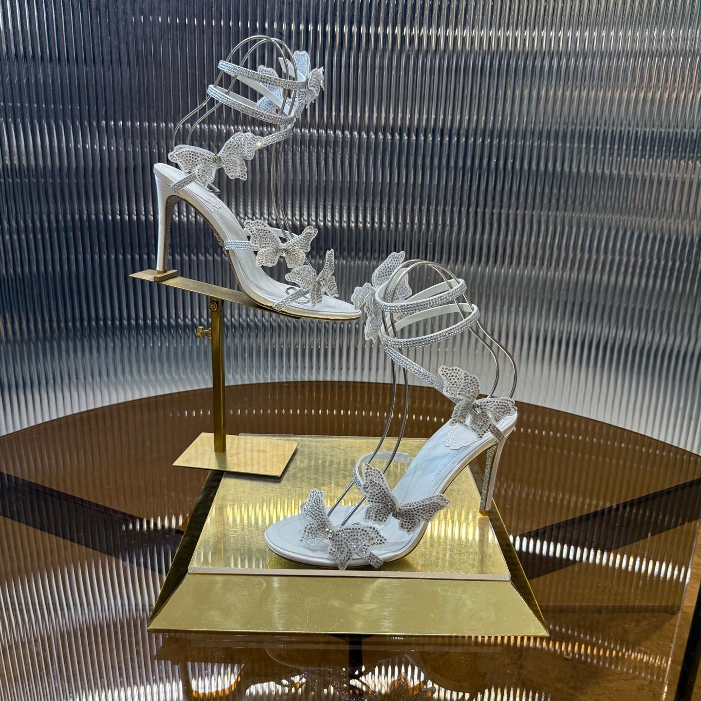RENE CAOVILLA 26S FLORIANE HIGH HEELS 95 MM IN WHITE LAMBSKIN BUTTERFLY EMBELLISHED STRAP