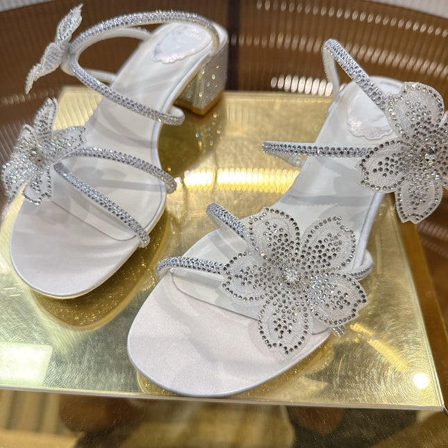 RENE CAOVILLA 26S FLOWER EMBELLISHED HEELS 45 MM IN WHITE LAMBSKIN