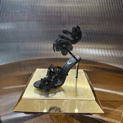 RENE CAOVILLA 26S FLORIANE HIGH HEELS 95 MM IN BLACK LAMBSKIN FLOWER EMBELLISHED STRAP