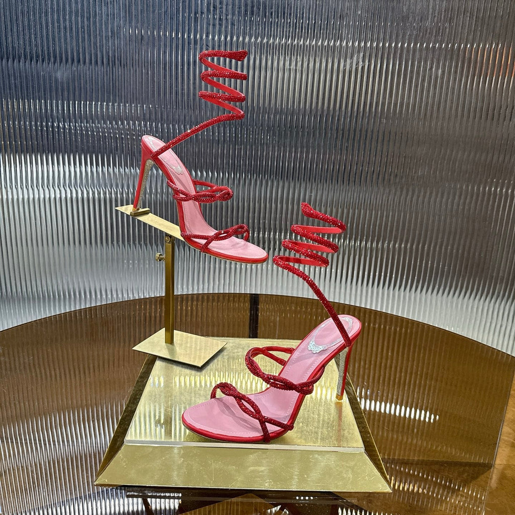 RENE CAOVILLA 26S CRYSTAL WRAP HEELS 95 MM IN RED LAMBSKIN