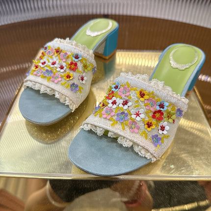 RENE CAOVILLA 26S HIGH HEEL SLIDES 45 MM IN MUTICOLOR LACE STRAP FLOWER EMBELLISHED