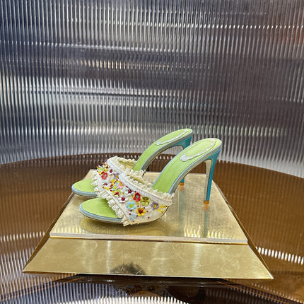 RENE CAOVILLA 26S HIGH HEEL SLIDES 75 MM IN MUTICOLOR LACE STRAP FLOWER EMBELLISHED