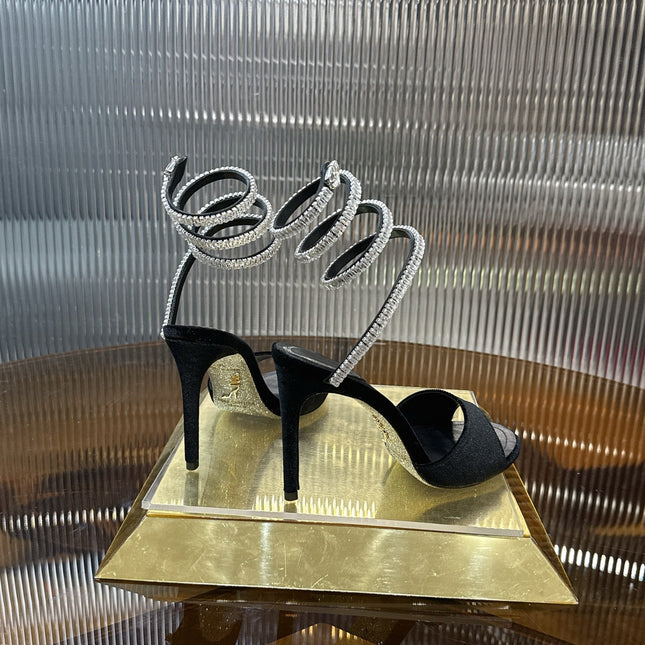 RENE CAOVILLA 26S CRYSTAL WRAP HEELS 95 MM IN BLACK VELVET