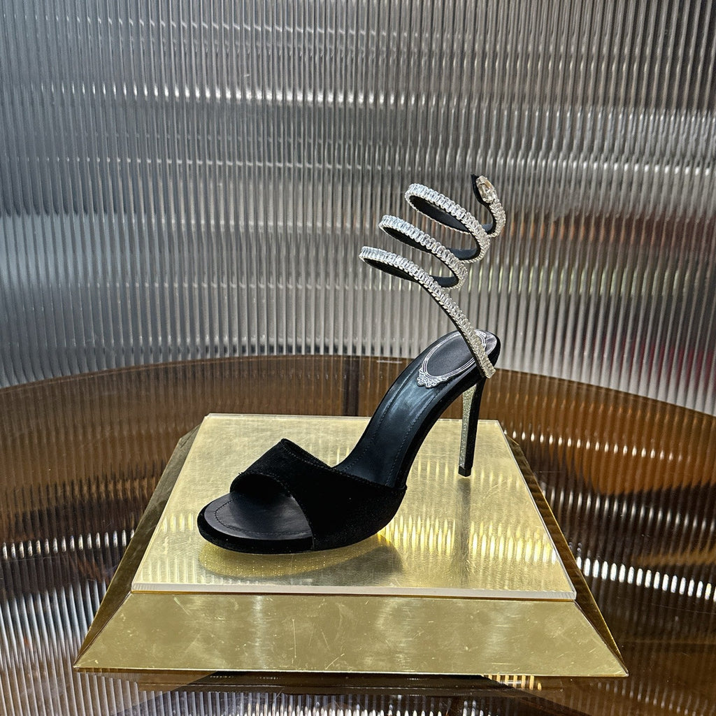 RENE CAOVILLA 26S CRYSTAL WRAP HEELS 95 MM IN BLACK VELVET