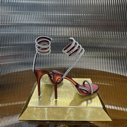RENE CAOVILLA 26S STILETTO SANDALS 95 MM IN DARK RED LAMBSKIN