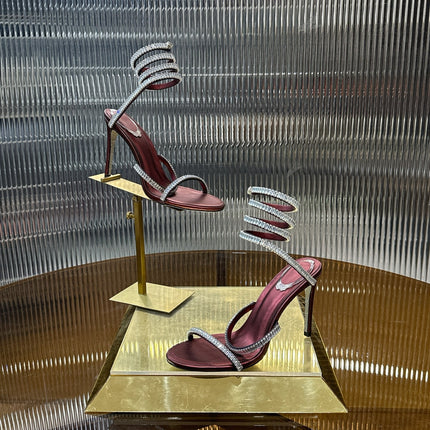 RENE CAOVILLA 26S STILETTO SANDALS 95 MM IN DARK RED LAMBSKIN